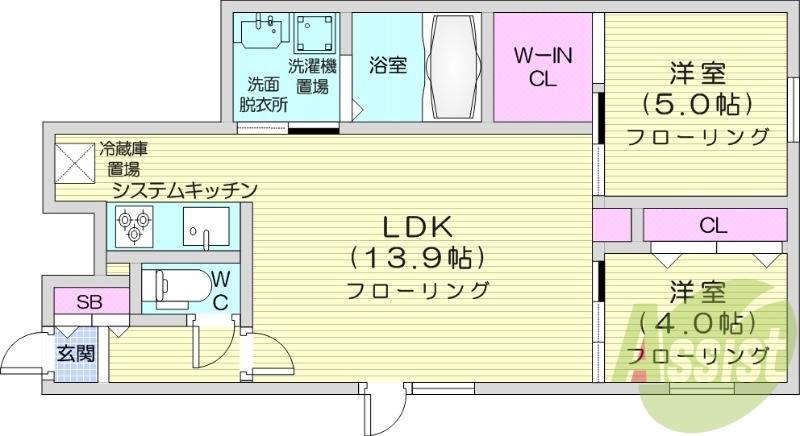 2LDK、エアコン、システムキッチン、浴室乾燥機