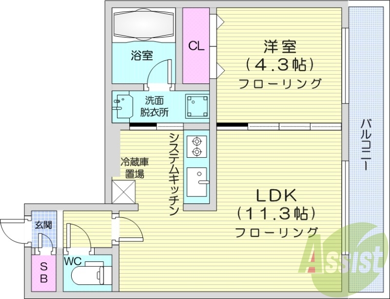 1LDK、エアコン、システムキッチン、ネット無料