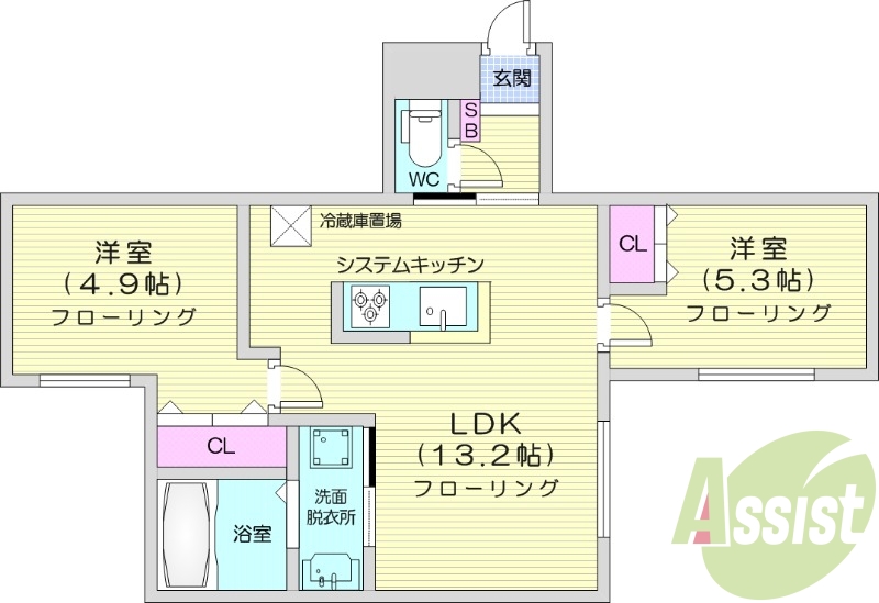 2LDK、エアコン、灯油暖房、システムキッチン、宅配ボックス