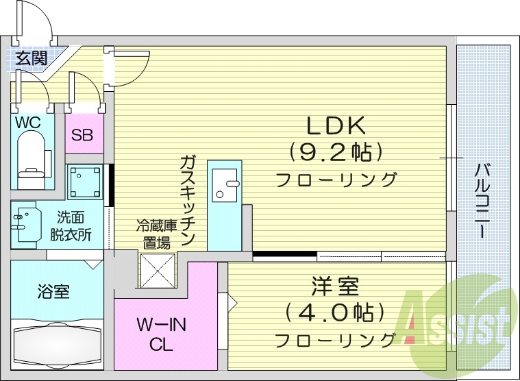 1LDK、エアコン、ガス暖房、システムキッチン、独立洗面台
