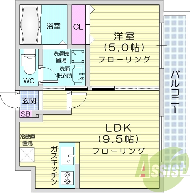 1LDK、南向き、オートロック、洗髪洗面化粧台