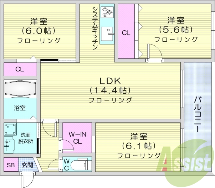 3LDK、システムキッチン、追い焚き、エアコン、オートロック