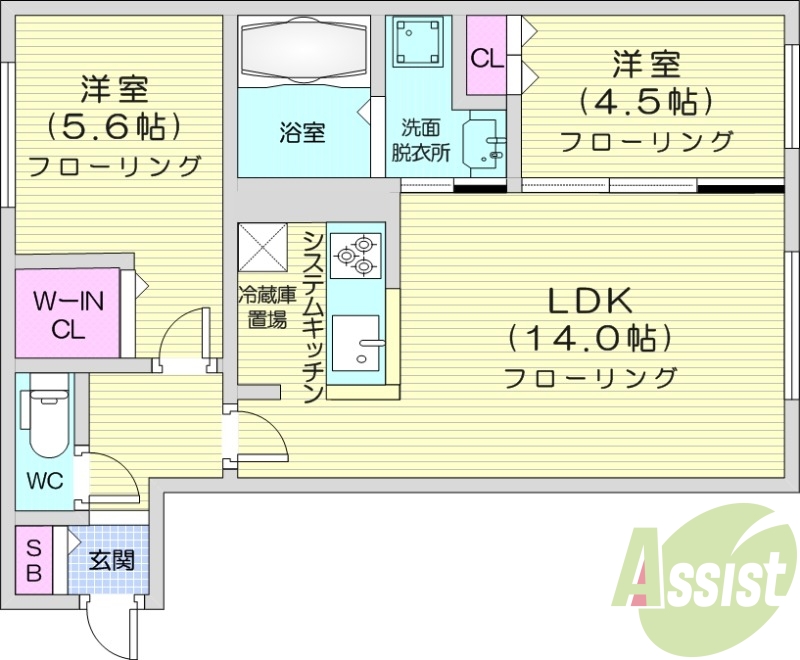 2LDK、エアコン、システムキッチン、ネット無料