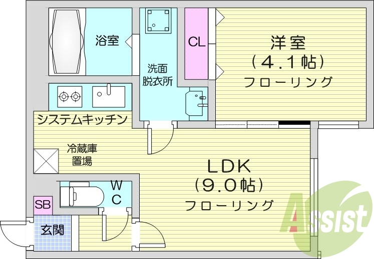 1LDK、システムキッチン、エアコン、ネット無料