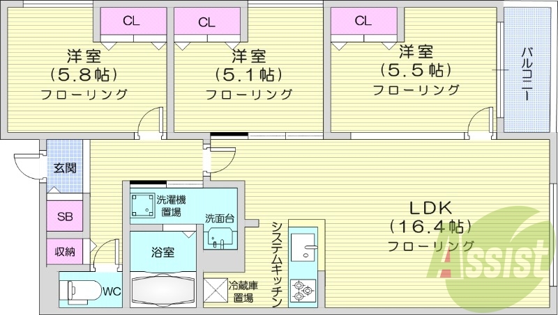 3LDK、浴室乾燥機、エアコン、システムキッチン