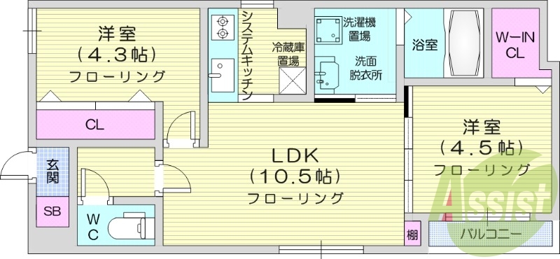 2LDK、角部屋、追い焚き、浴室乾燥機、オートロック