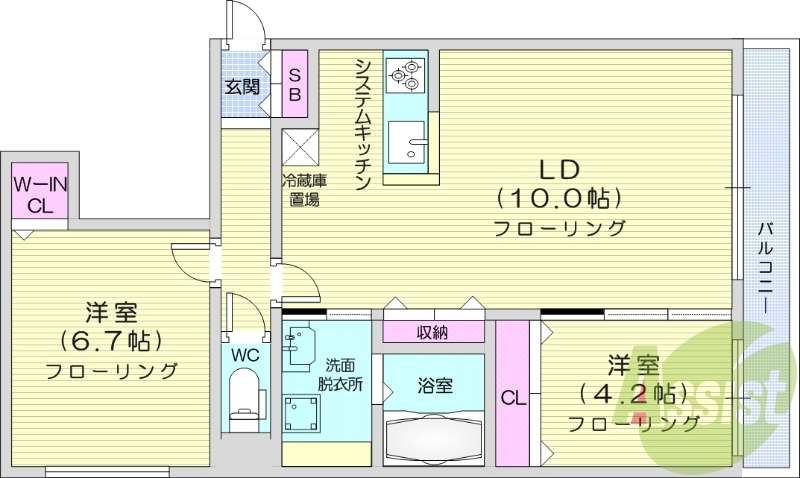 2LDK、都市ガス、エアコン、浴室乾燥機、ネット無料