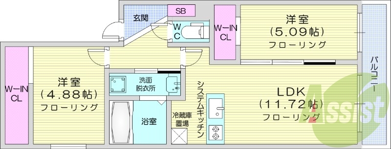 2LDK、エアコン、システムキッチン、バルコニー