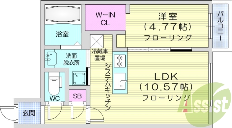 1LDK、エアコン、システムキッチン、バルコニー