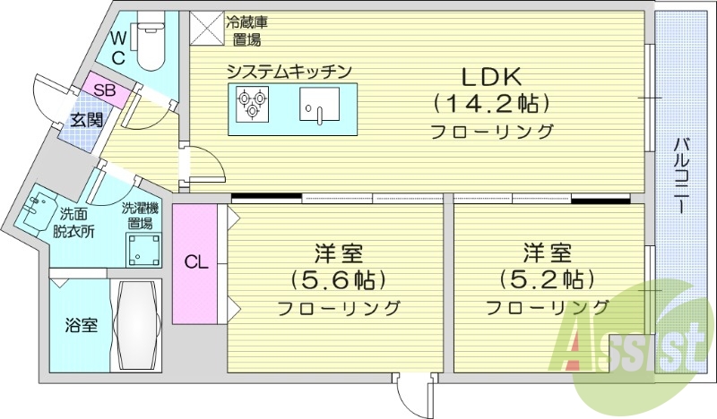 2LDK、エアコン、灯油暖房、システムキッチン