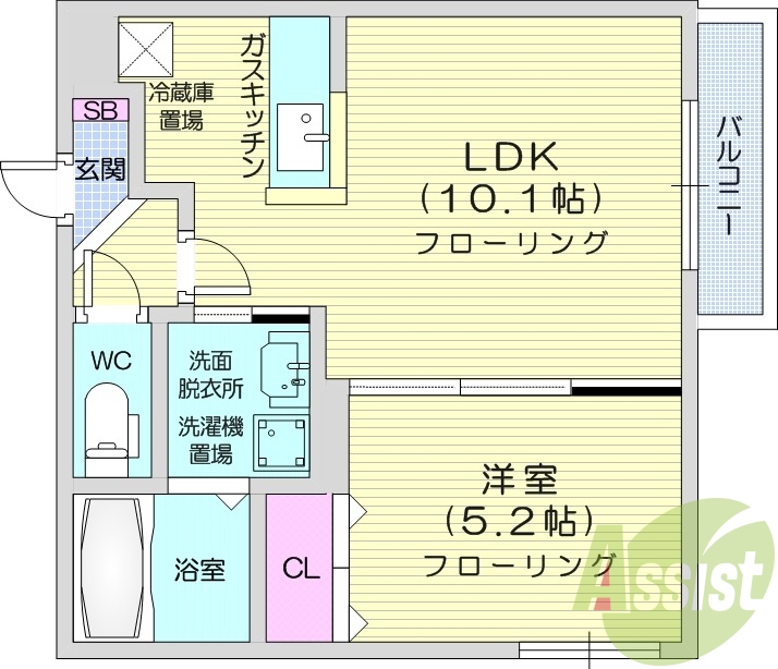 1LDK、対面キッチン、都市ガス、浴室乾燥機、エアコン