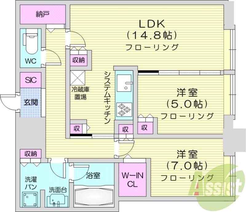 2LDK、システムキッチン、シャワートイレ、追い焚き