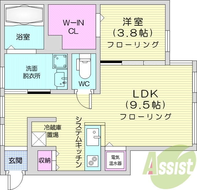 1LDK、IHクッキングヒーター、ウォークインクローゼット