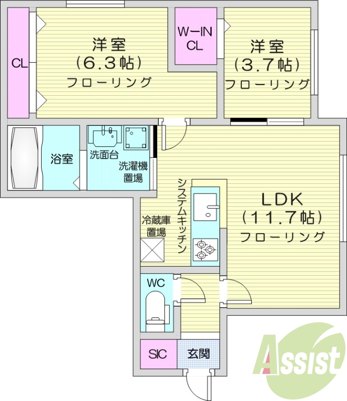 2LDK、都市ガス、システムキッチン、エアコン、宅配ボックス