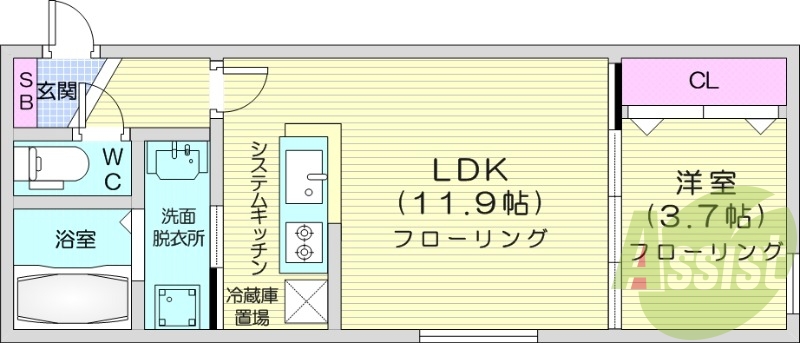 1LDK、都市ガス、システムキッチン、エアコン、宅配ボックス