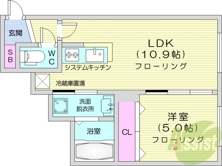 1LDK、エアコン、浴室乾燥機、都市ガス、ネット無料