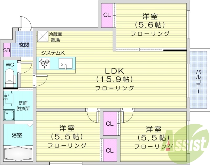 3LDK、エアコン、追い焚き、システムキッチン。オートロック
