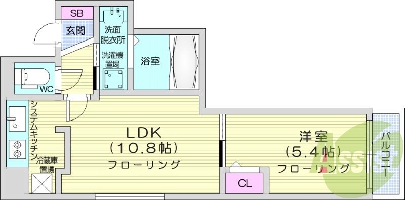 1LDK、都市ガス、エアコン、浴室乾燥機、システムキッチン