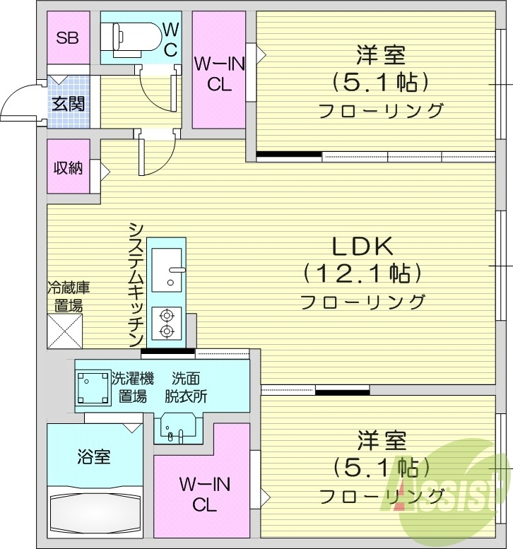2LDK、都市ガス、エアコン、追い焚き、浴室乾燥機