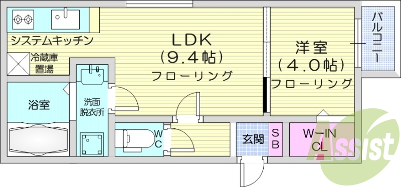 1LDK、エアコン、システムキッチン、ネット無料