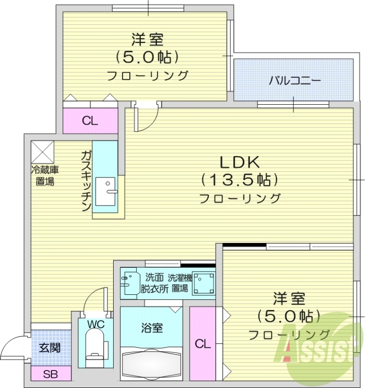 2LDK、エアコン、独立洗面台、シャワートイレ、灯油暖房
