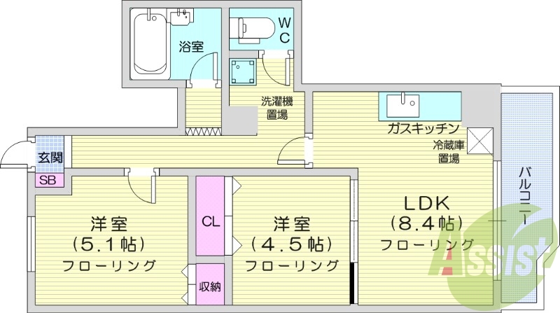 2LDK、都市ガス、光ファイバー、シャワートイレ