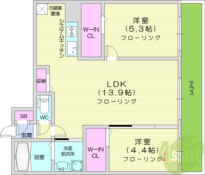 2LDK、都市ガス、エアコン、追い焚き