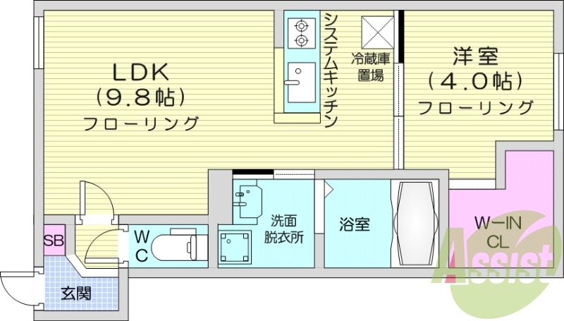 1LDK、都市ガス、エアコン、システムキッチン