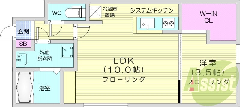 1LDK、都市ガス、エアコン、システムキッチン