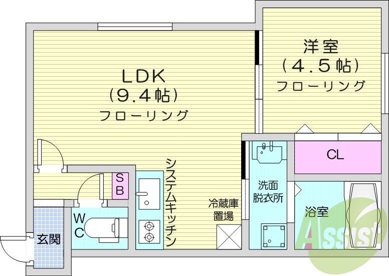 1LDK、都市ガス、システムキッチン、エアコン、宅配ボックス