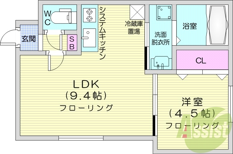 1LDK、都市ガス、システムキッチン、エアコン、宅配ボックス