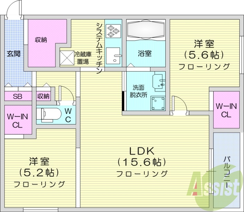 2LDK、都市ガス、浴室乾燥機、システムキッチン