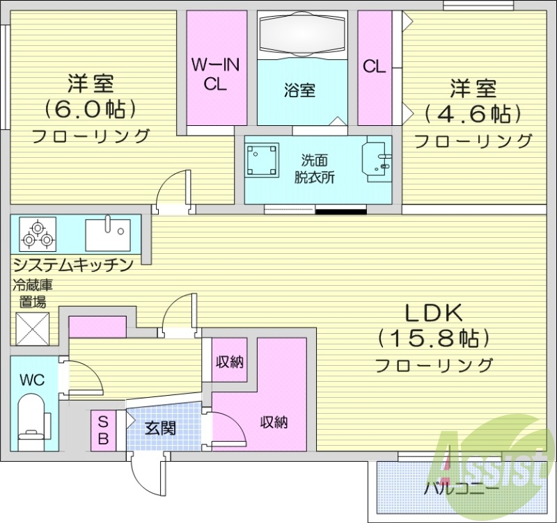2LDK、都市ガス、浴室乾燥機、システムキッチン