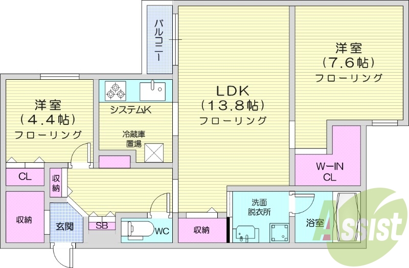 2LDK、都市ガス、浴室乾燥機、システムキッチン