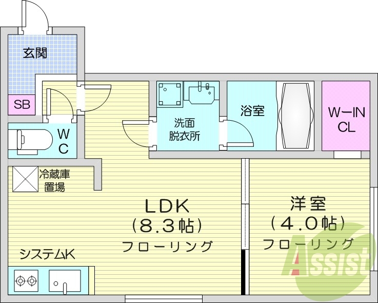 1LDK、エアコン、浴室乾燥機、システムキッチン