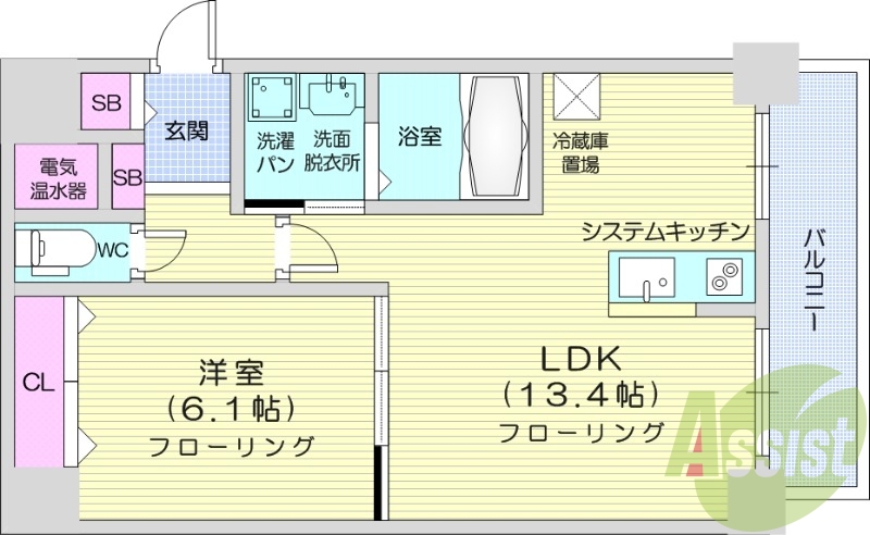 1LDK、システムキッチン、オール電化、浴室乾燥機