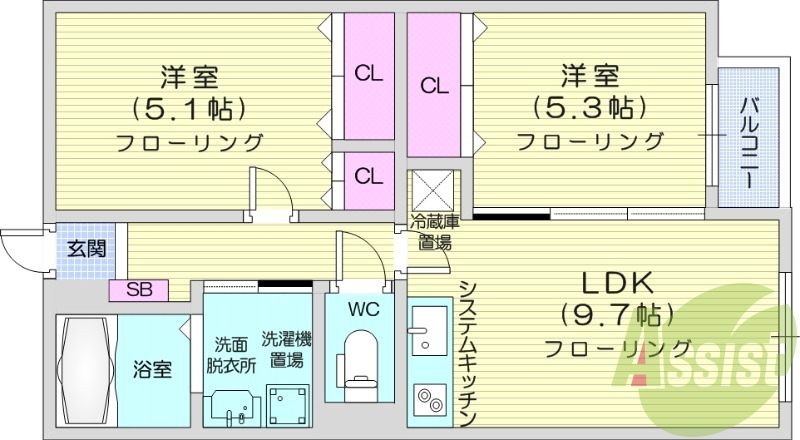 2DK、エアコン、システムキッチン、独立洗面台
