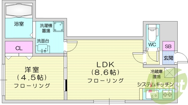 １LDK、ネット無料、TV付モニターホン、システムキッチン