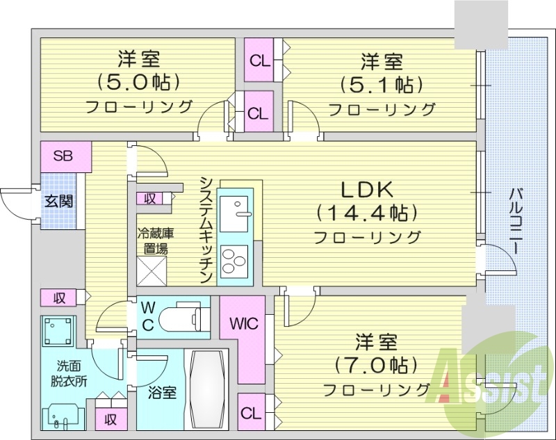 3LDK、分譲賃貸、食洗器、追焚き、床暖房、システムキッチン