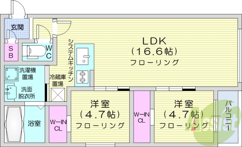 2LDK、エアコン、システムキッチン、浴室乾燥機