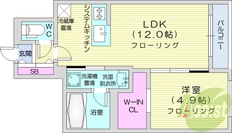 1LDK、エアコン、システムキッチン、浴室乾燥機
