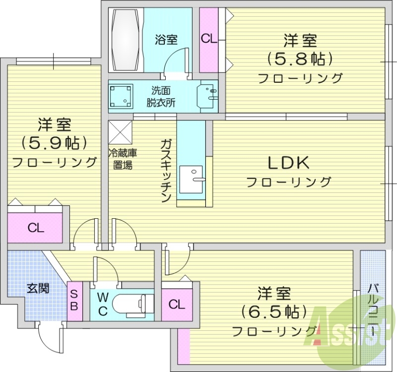 3LDK、エアコン、追い焚き、システムキッチン