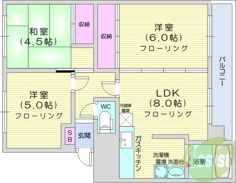 3DK、灯油暖房、エアコン、バルコニー、トランクルーム