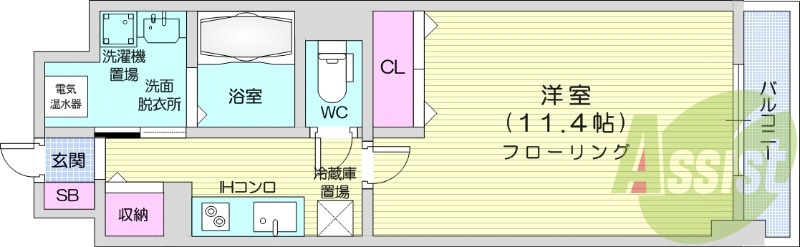 1K、クローゼット、収納、バルコニー、IHシステムキッチン
