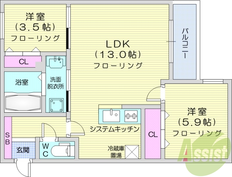2LDK、エアコン、システムキッチン、ガスリミットプラン