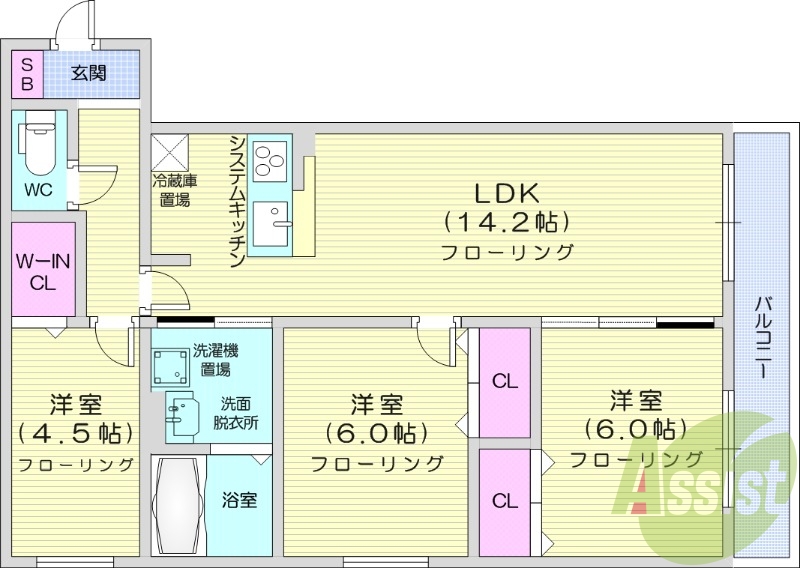 3LDK、都市ガス、エアコン、追い焚き、システムキッチン
