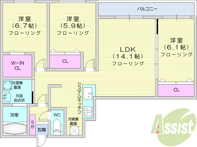 3LDK、都市ガス、エアコン、追い焚き、システムキッチン