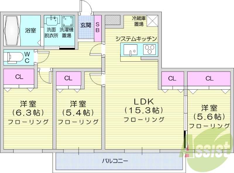 3LDK、都市ガス、エアコン、追い焚き、システムキッチン