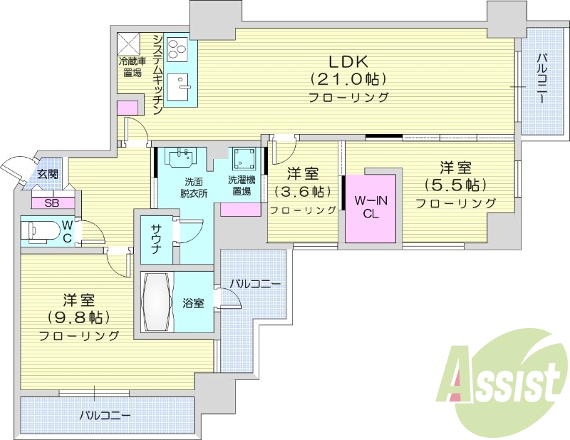3LDK、エアコン、ガス暖房、ネット無料