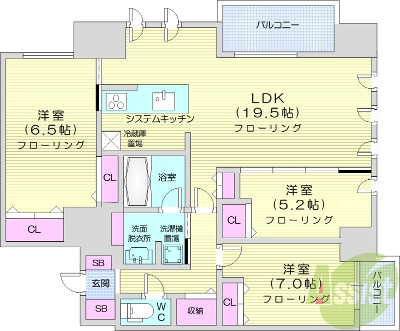 3LDK、エアコン、ガス暖房、ネット無料